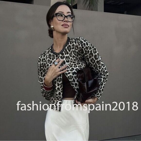 ZARA JACQUARD KNIT ANIMAL PRINT JEWELED NECKLINE CARDIGAN - Picture 1 of 9